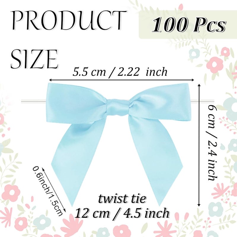 Adodotoe Light Blue Twist Tie Bows, 100 Pcs Satin Twist Tie Bows for Treat Bag Satin Ribbon Tie Bows for Tying Up Packages Present Bags Bakery Candy Bags Decorating Ribbon Bow Gift Wrap Bows - Image 2